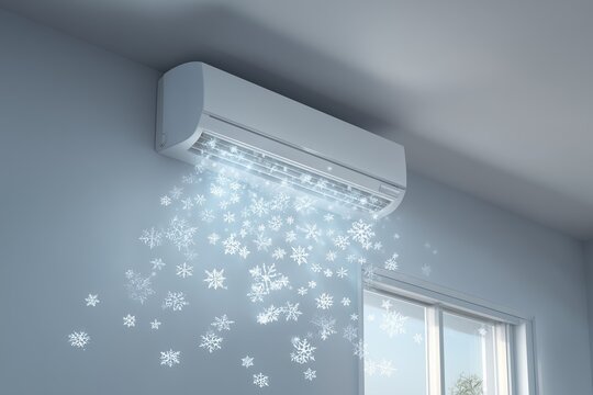 Air conditioner producing cool air with snowflakes