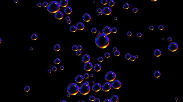 Floating iridescent soap bubbles rising on black background, abstract motion overlay transparent spheres.