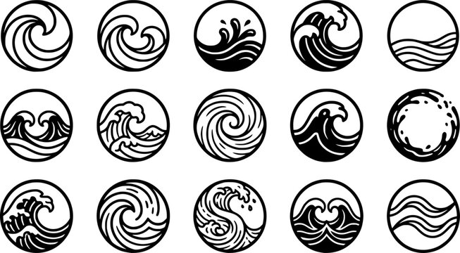 Set of Ocean Wave Circle Icons and Sea Water Symbols, Surf Wave, Tidal Swirl, Abstract Marine Logo and Coastal Vector Collection