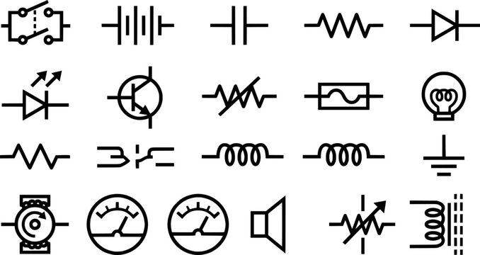 Set of Electrical Circuit Symbols and Electronic Component Icons, Resistor, Diode, Capacitor, Inductor, Ground, Ammeter and Voltmeter Vector Collection