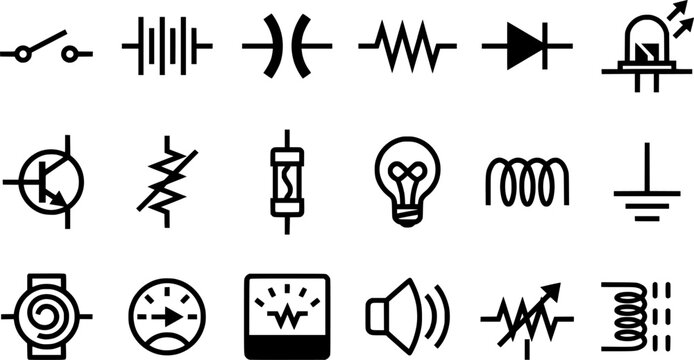Set of Electrical Circuit Symbols and Electronic Component Icons, Resistor, Diode, Capacitor, Inductor, Ground, Ammeter and Voltmeter Vector Collection