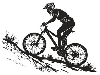 Naklejka premium Silhouette of a mountain biker riding uphill on a trail