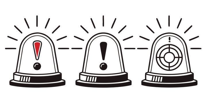 Set of three emergency siren icons with exclamation marks and target symbol