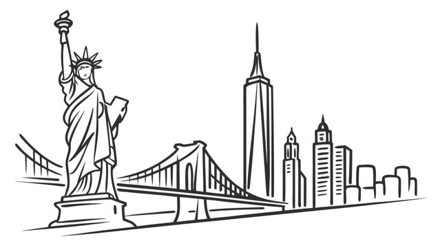 New york city skyline with statue of liberty and brooklyn bridge vector illustration