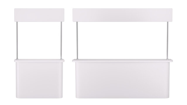 Blank white promotional stands featuring a narrow and wide demonstration counter for exhibition mockup. Isolated 3D render.