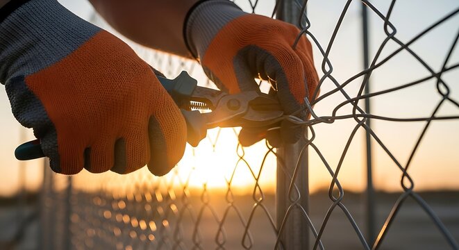 Hands in orange gloves cutting a chain link fence with pliers at sunset