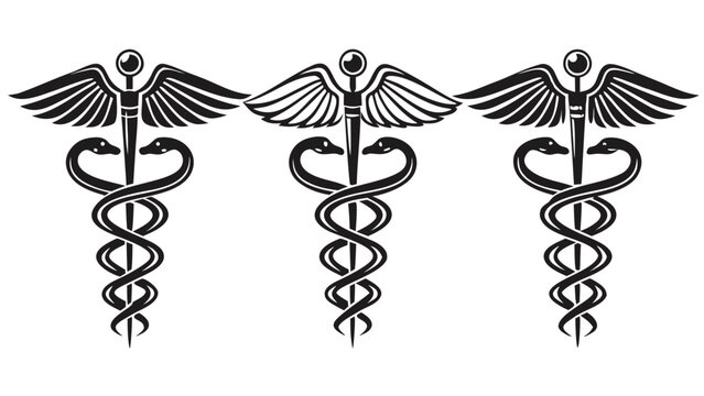 Set of three caduceus medical symbols with snakes and wings