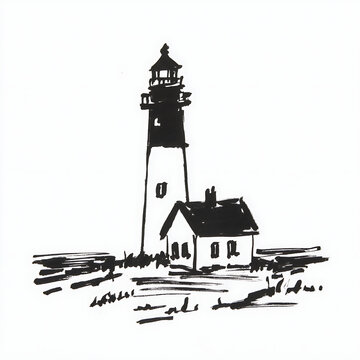 Coastal Lighthouse and Cottage Hand Drawn Sketch