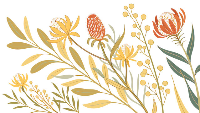 Australian native wildflowers bouquet with protea, banksia, and wattle