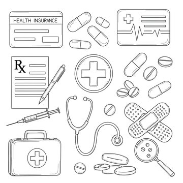 Medical healthcare icons set with insurance card prescription stethoscope pills and first aid equipment in line art doodle style