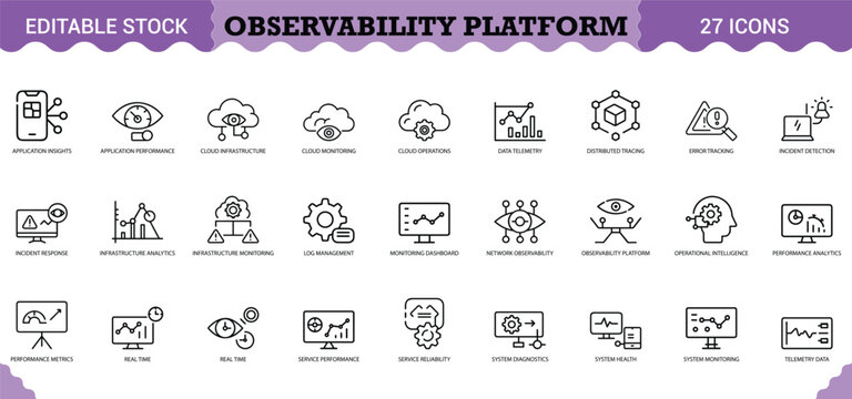 PrintObservability Platform Icon Set - 27 Editable Vector Icons for System Monitoring & Performance. Features application insights, cloud monitoring, log management, distributed tracing, incident dete
