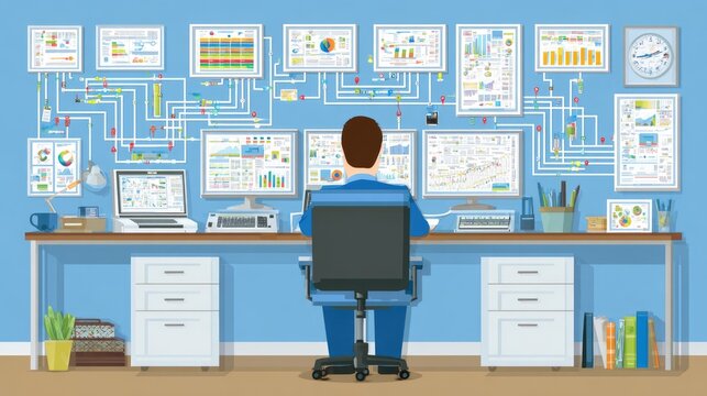 Modern workstation with multiple monitors and wall charts.