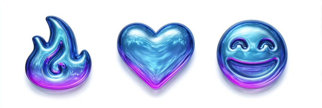 Set of three glossy, iridescent icons - a flame, a heart, and a smiley face, rendered in vibrant blue and purple hues.