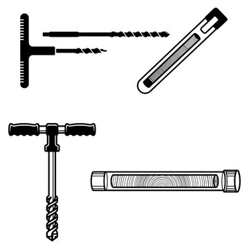 Dendrochronology Tree Ring Dating and Forestry Core Sampling Silhouette Icon Set, Increment Borer Drill Wood Core Extraction and Plant Science Vector Illustration