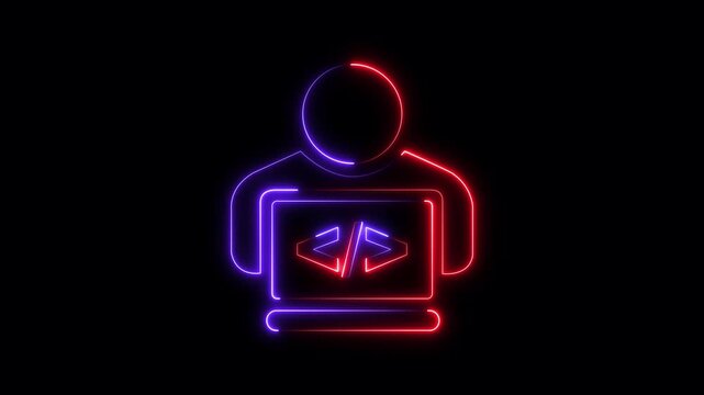 Glowing neon blue and red color programmer icon animation on black background. representing programming user coding or software development. animation
