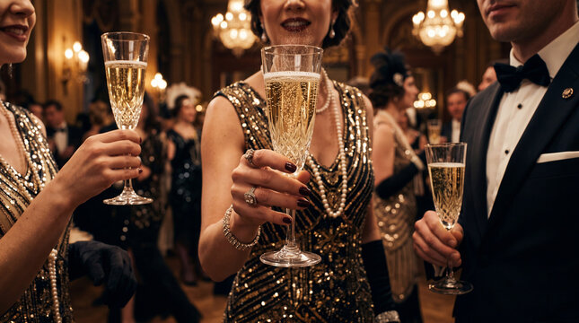 Elegant Party Guests Toast with Champagne Flutes at a Glamorous Occasion