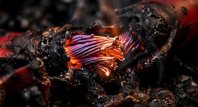A close-up shot of a burnt electrical wire, with exposed copper strands glowing brightly with heat and fire.