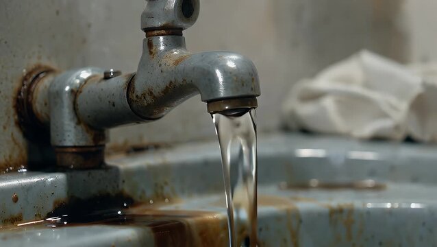 Contaminated Water Supply Issue Showing Corroded Pipe Discoloration and Flow