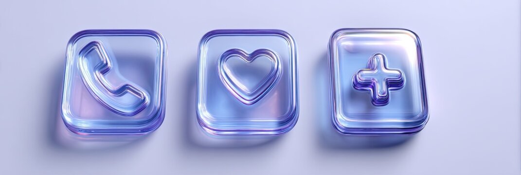 Three translucent glass icons with a phone, heart, and plus symbol on a light purple background.