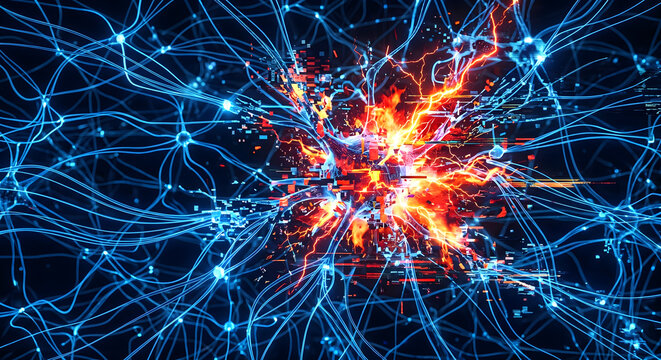 A digital representation of human brain neurons firing, showing a burst of red and orange electrical activity.