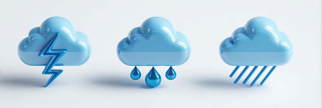 Three stylized blue clouds representing different weather conditions - lightning, rain, and heavy rain.