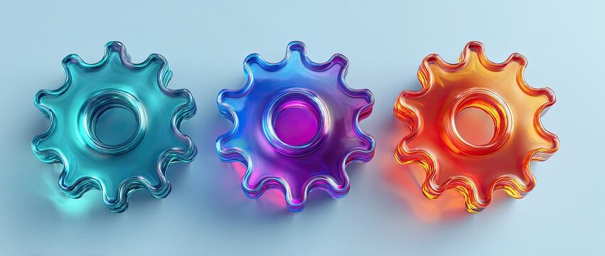 Three colorful translucent gears in a row, representing teamwork and industry.