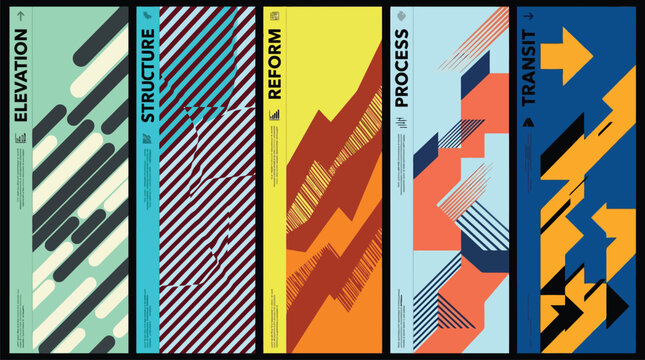 Abstract geometric jersey patterns, set of 5 sports apparel textures, dynamic racing graphics for sublimation, modern athletic apparel design