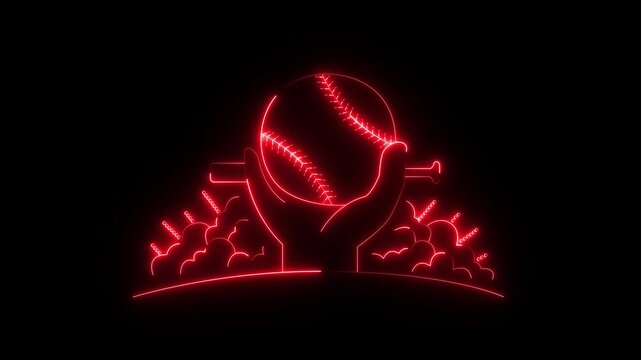 glowing neon hand Baseball, bat and cloud frame icon isolated with black background. neon baseball softball sport icon. animation