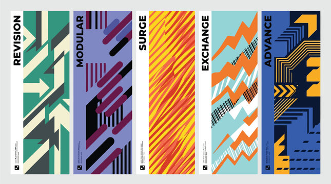 Abstract geometric jersey patterns, set of 5 sports apparel textures, dynamic racing graphics for sublimation, modern athletic apparel design