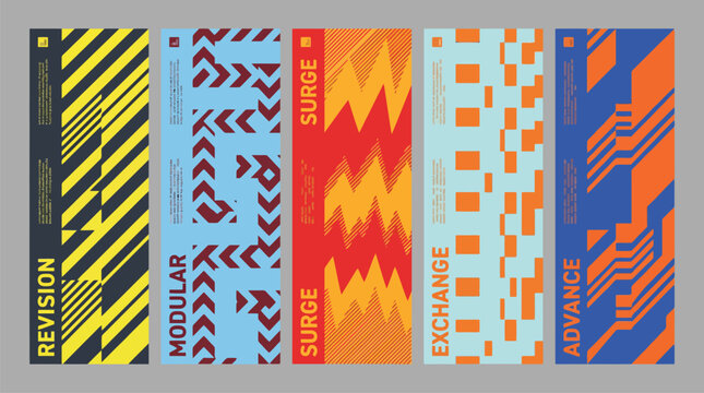 Brutalism abstract banner set with geometric patterns, industrial graphic design elements, modern typography posters for streetwear and tech aesthetics