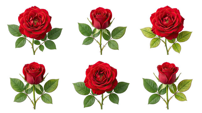 Six red rose blooms with stems and leaves isolated on black background