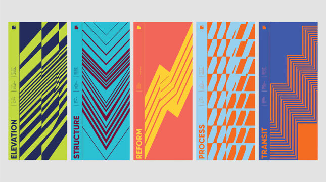 Abstract geometric banner set with elevation and structure patterns, colorful vertical posters for business reform and process transit