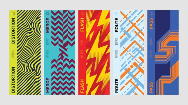 Abstract geometric banner set with distortion and flash patterns, colorful vertical graphic elements, modern vector background collection