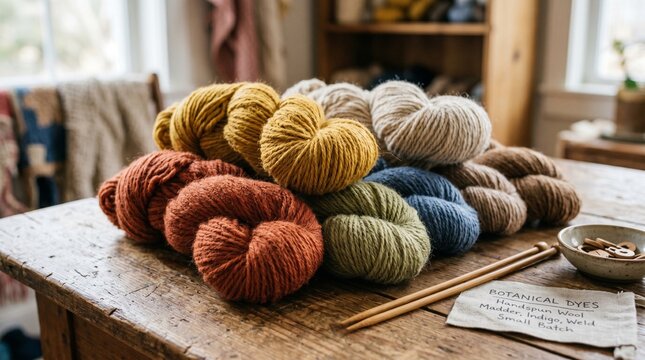 Assortment of natural dyed wool yarn skeins on a rustic wooden table