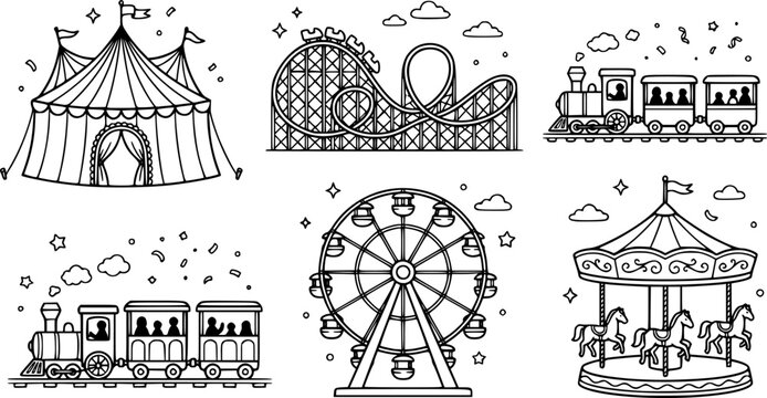 Amusement park. Circus festival tent, roller coaster, train, ferris wheel and carnival carousel. Kids entertainment park vector illustration. Rollercoaster entertainment, train and festival carnival