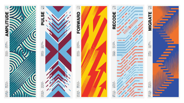Abstract geometric banner set with tech patterns, modern vertical posters with amplitude pulse and forward arrows, colorful vector graphic backgrounds