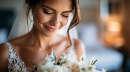 Naklejka premium A wide shot of an elegant bridal portrait in a calm lace gown holding softly a white bouquet in bright soft light bridal portrait open face bright interior daylight workspace