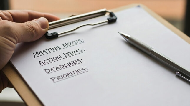 Hand holding a clipboard with meeting notes and action items. Business planning and office productivity concept