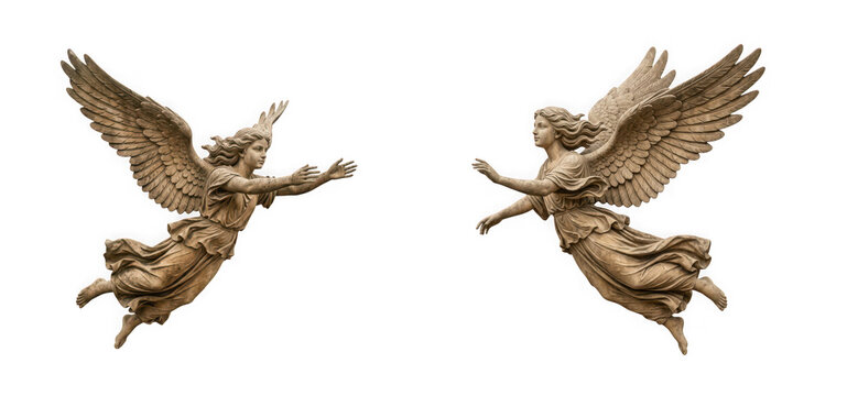 Two flying angel statues isolated on transparent background