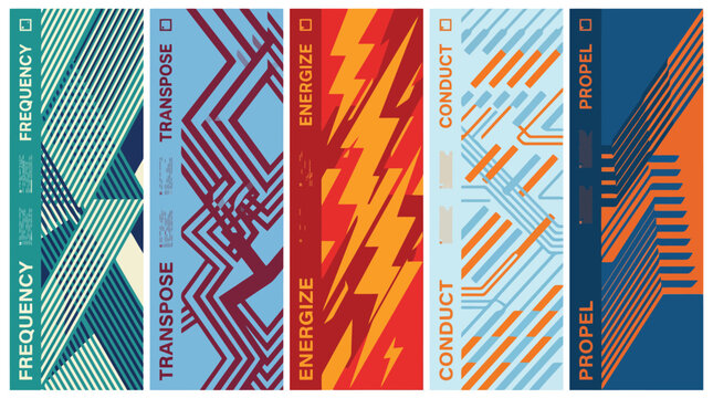 Abstract geometric banner set with tech patterns, dynamic vertical background collection, 5 vector layouts with frequency and energy themes