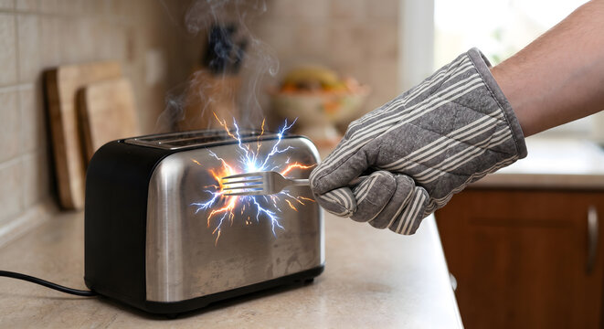 Person using metal fork to remove bread from toaster causing dangerous electrical spark and smoke inside kitchen environment with safety mitt.