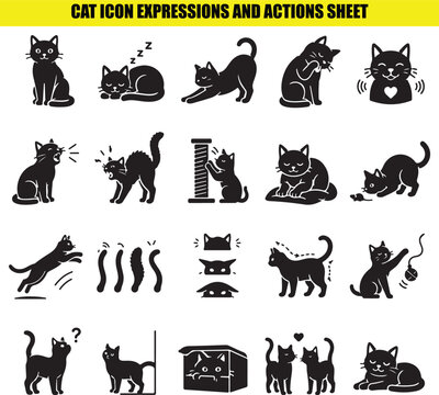 Cat icon expressions and actions sheet for feline behavior and emotions vector.