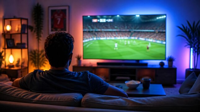 Back view of young man watching soccer game on big television screen at home