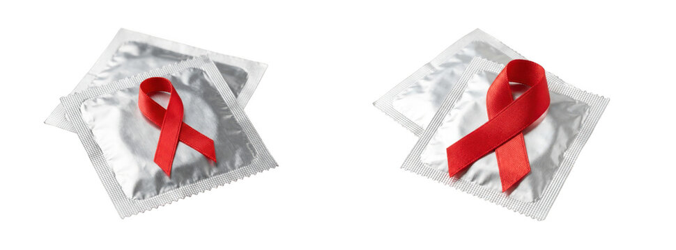 Red awareness ribbon on condom packages isolated on transparent background