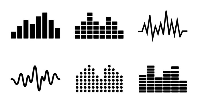 Audio Waveform Icons, Sound Equalizer Graphics, Music Visualizer Vectors, Audio Spectrum Symbols