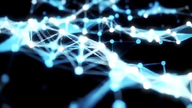 Abstract glowing network of nodes and connections against a dark background.