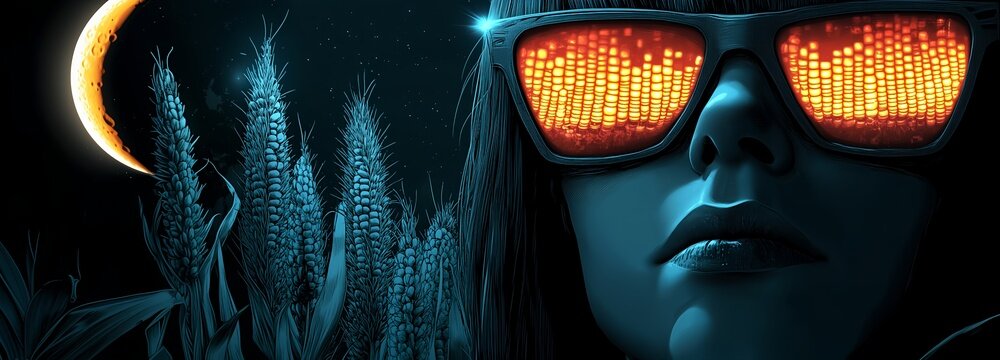 A woman with glasses and corn. Illustrations on the theme of corn, advertising, and art.
