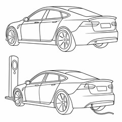 Fototapeta premium Electric car outline diagram. Hybrid car blueprint template. Front view. Blank vehicle or sedan mockup for branding. Eco friendly automobile. Linear vector illustration isolated on .