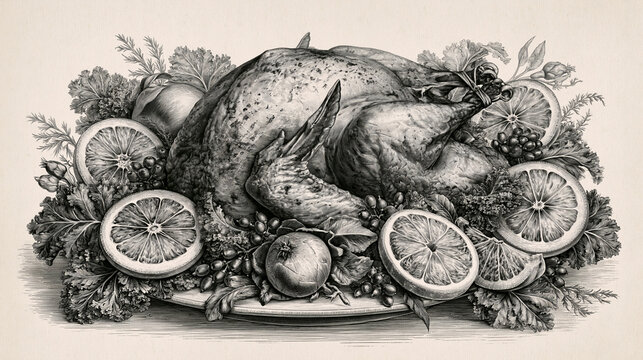 A highly detailed and intricate copperplate engraving illustration of a roasted holiday turkey dinner served with citrus slices, herbs, and berries on a plate.