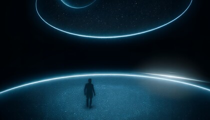 Obraz premium A solitary figure stands in a dark futuristic environment surrounded by glowing blue rings and a starry night sky